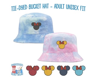 Minnie Mouse Embroidered Tie Dyed Bucket Hat | Adult Unisex Fit Minnie Tie-dye Bucket Hat | Minnie Bow & Ears Embroidered Soft Bucket Hat
