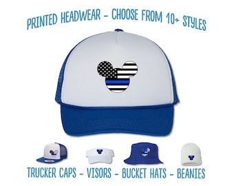 Mickey Blue Line Police Hat | Minnie Blue Line Police Printed Cap | Mickey Police Officer Sun Visor | Minnie Mouse Police Officer Bucket Hat