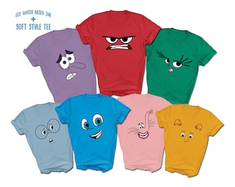 Inside Out Character Face Print T-Shirts | Premium Soft Style Tees | Emotional Cartoon | Anger Bing Bong Disgust Fear Joy Riley Sadness