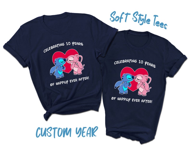 May include: Two navy blue t-shirts with a graphic of Stitch and Angel from Lilo & Stitch kissing. The text on the shirts reads "Celebrating 10 Years of Happily Ever After!"