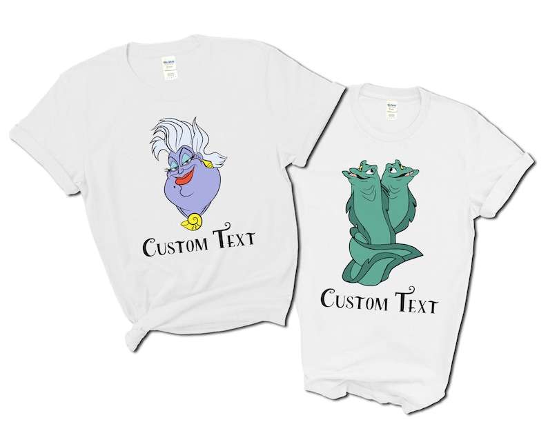 May include: Two white t-shirts with a graphic print. One shirt features Ursula from The Little Mermaid with the text "CUSTOM TEXT". The other shirt features Flotsam and Jetsam from The Little Mermaid with the text "CUSTOM TEXT".