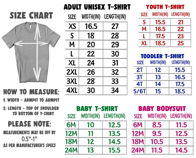 May include: Size chart for adult unisex, youth, toddler, baby, and baby bodysuit t-shirts. The chart shows sizes in inches for width and length.  The chart includes sizes XS to 4XL for adult unisex, S to XL for youth, 2T to 5/6T for toddler, 6M to 24M for baby, and 6M to 24M for baby bodysuit.