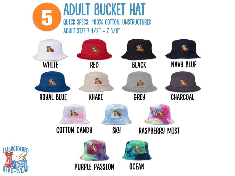 May include: A selection of 12 adult bucket hats in various colors, including white, red, black, navy blue, royal blue, khaki, grey, charcoal, cotton candy, sky, raspberry mist, purple passion, and ocean. Each hat features a small embroidered design of a cartoon animal.