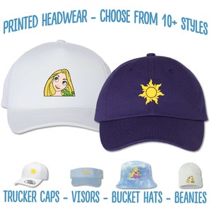 May include: A selection of printed headwear featuring Disney's Tangled characters.  The headwear includes trucker caps, visors, bucket hats, and beanies.  The designs feature Rapunzel and the sun.