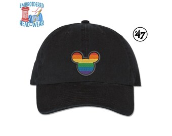 Mickey Rainbow Ears Embroidered Cap | Adult Size Adjustable Premium 47 Brand Unstructured Dad Hat | Mickey Mouse Head Rainbow Colors Dad Cap
