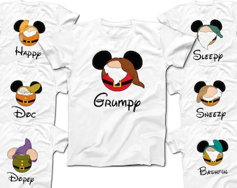 7 Dwarfs Mickey Ears Group T-Shirts | Grumpy | Happy | Doc | Dopey | Sneezy | Sleepy | Bashful | Snow White | Evil Queen | Prince Ferdinand