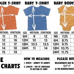 以下が含まれることがあります： 幼児用とベビー用のTシャツとボディースーツのサイズ表です。表には、幼児用Tシャツのサイズ2Tから6T、ベビー用Tシャツのサイズ6Mから24M、ベビー用ボディースーツのサイズNBから24Mが示されています。寸法は、幅と長さがインチで表示されています。