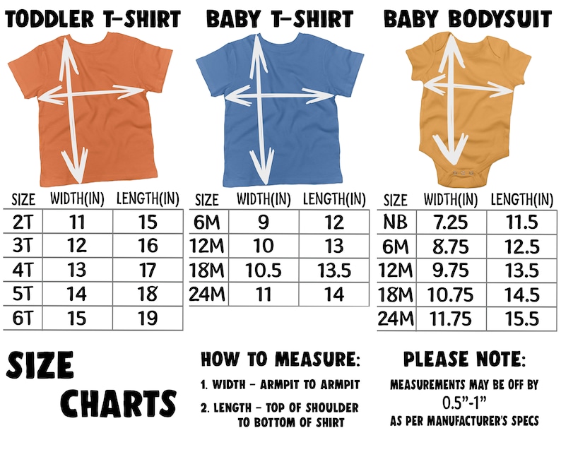 以下が含まれることがあります： 幼児用とベビー用のTシャツとボディースーツのサイズ表です。表には、幼児用Tシャツのサイズ2Tから6T、ベビー用Tシャツのサイズ6Mから24M、ベビー用ボディースーツのサイズNBから24Mが示されています。寸法は、幅と長さがインチで表示されています。
