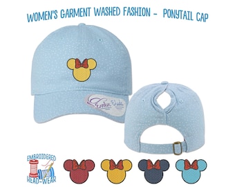 Minnie Mouse Embroidered Ponytail Cap | Women's Adjustable Garment-Washed Fashion Print Concealed Pony-tail Cap | Minnie Bow Ears Cap