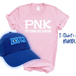 May include: A pink t-shirt with the text "PNK PYTHON NU KAPPA" in white lettering. A blue baseball cap with a white "MU" and a blue eye graphic. The text "T-Shirt + CAP BUNDLE!" is in blue lettering.