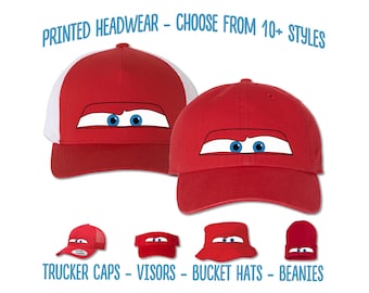 Lightning McQueen Hat | Cars McQueen Eyes Printed Hat | Cars Birthday Cap | Cars Bucket Hat | Disney Ponytail Hat | Disney Kids Matching Hat