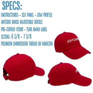 Puede incluir: Gorra de b&eacute;isbol roja no estructurada de perfil bajo, seis paneles y hebilla ajustable de lat&oacute;n antiguo. La gorra tiene una visera precurvada y una etiqueta que se puede quitar. El texto "KACHO" est&aacute; bordado en la parte delantera de la gorra en blanco con un acento amarillo. La gorra tiene una talla de 6 5/8 a 7 3/8.