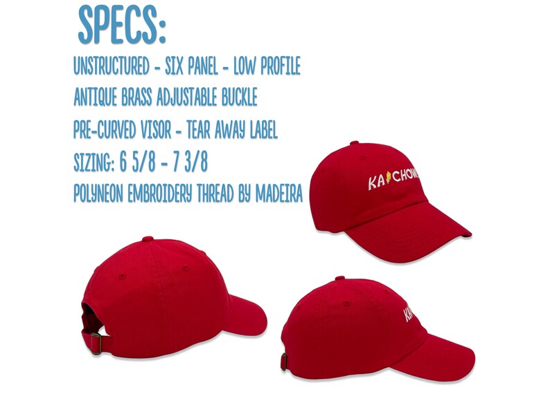 Puede incluir: Gorra de b&eacute;isbol roja no estructurada de perfil bajo, seis paneles y hebilla ajustable de lat&oacute;n antiguo. La gorra tiene una visera precurvada y una etiqueta que se puede quitar. El texto "KACHO" est&aacute; bordado en la parte delantera de la gorra en blanco con un acento amarillo. La gorra tiene una talla de 6 5/8 a 7 3/8.