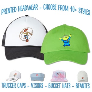 May include: A selection of printed headwear featuring various cartoon characters.  The headwear includes trucker caps, visors, bucket hats, and beanies.  The text "PRINTED HEADWEAR - CHOOSE FROM 10+ STYLES" is at the top of the image.  The text "TRUCKER CAPS - VISORS - BUCKET HATS - BEANIES" is at the bottom of the image.