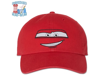 Lightning McQueen Face Embroidered Cap | Cars McQueen Halloween Costume Cap Ka-Chow | Adult & Youth Sizes | Trucker Cap Bucket Hat Dad Cap