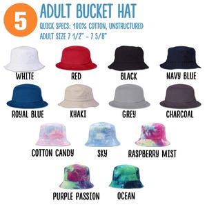 May include: A selection of 14 adult bucket hats in various colours and patterns, including white, red, black, navy blue, royal blue, khaki, grey, charcoal, cotton candy, sky, raspberry mist, purple passion, and ocean. The hats are made of 100% cotton and are unstructured. The adult size is 7 1/2" - 7 5/8".