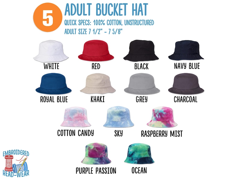 May include: A selection of 14 adult bucket hats in various colours and patterns, including white, red, black, navy blue, royal blue, khaki, grey, charcoal, cotton candy, sky, raspberry mist, purple passion, and ocean. The hats are made of 100% cotton and are unstructured. The adult size is 7 1/2" - 7 5/8".