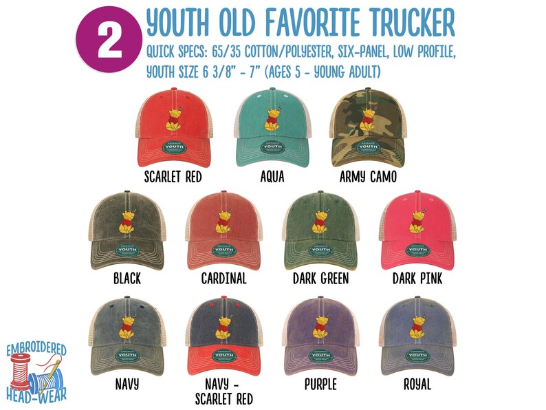 May include: A selection of 10 youth trucker hats in various colors, including scarlet red, aqua, army camo, black, cardinal, dark green, dark pink, navy, navy-scarlet red, and purple. Each hat features a distressed look with a mesh back and a small embroidered image of Winnie the Pooh.