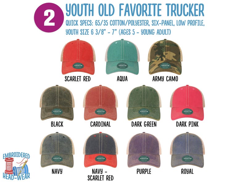 May include: A selection of 12 youth trucker hats in various colours, including scarlet red, aqua, army camo, black, cardinal, dark green, dark pink, navy, navy-scarlet red, purple, and royal. The hats are made of 65% cotton and 35% polyester and have a low profile. They are sized for youth ages 5 to young adult, with a size of 6 3/8" to 7".
