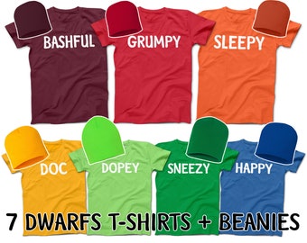 Snow White and Seven Dwarfs Costume T-Shirts and Beanies | Grumpy | Doc | Dopey | Happy | Bashful | Sneezy | Sleepy Beanies Included