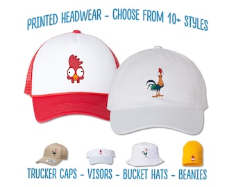 Hei Hei Hat | Moana Rooster HeiHei Printed Hat | Moana Birthday Party Cap | Moana HeiHei Bucket Hat | Disney Sun Visor Beanie Trucker Cap