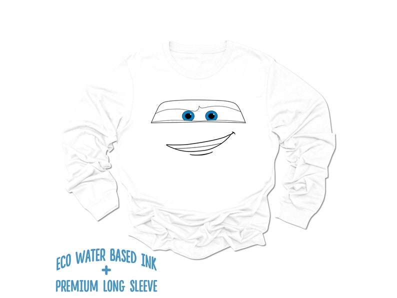 May include: White long-sleeve shirt with a black and white line drawing of a cartoon character with blue eyes. The text "ECO WATER BASED INK + PREMIUM LONG SLEEVE" is printed on the bottom of the shirt.