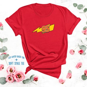 Lightning McQueen 95 Print T-Shirt | Sally Carrera | Guido | Luigi | CARS Cartoon | Doc Hudson | Mack | Rust-Eze | Premium Soft Style Tees