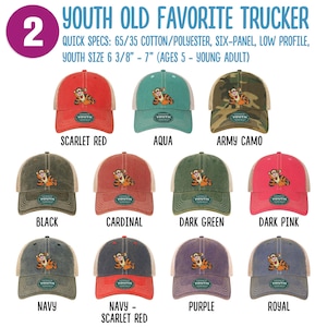 May include: A set of 12 youth trucker hats with a cartoon tiger embroidered on the front. The hats are available in a variety of colors, including scarlet red, aqua, army camo, black, cardinal, dark green, dark pink, navy, navy-scarlet red, purple, and royal. The hats are made of 65% cotton and 35% polyester and have a low profile. They are sized for youth ages 5-young adult.