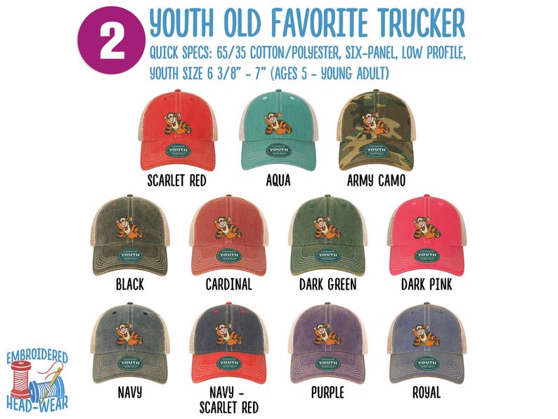 May include: A set of 12 youth trucker hats with a cartoon tiger embroidered on the front. The hats are available in a variety of colors, including scarlet red, aqua, army camo, black, cardinal, dark green, dark pink, navy, navy-scarlet red, purple, and royal. The hats are made of 65% cotton and 35% polyester and have a low profile. They are sized for youth ages 5-young adult.