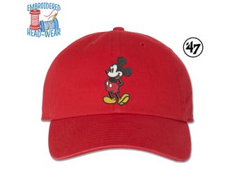 Mickey Mouse Embroidered Cap | Adult Size Adjustable Premium 47 Brand Unstructured Dad Hat | Disney Classic Vintage Style Mickey Dad Hat