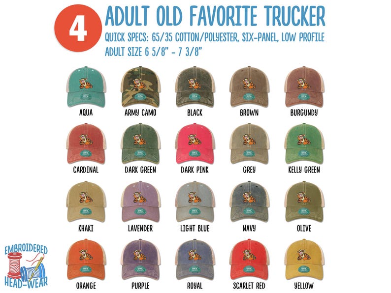 May include: A collection of 18 trucker hats in various colors, each featuring a cartoon tiger embroidered on the front. The hats are made of 65% cotton and 35% polyester and have a six-panel, low profile design. The adult size is 6 5/8" to 7 3/8".