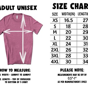 May include: Size chart for adult unisex t-shirts. The chart shows the width and length in inches for sizes XS to 4XL.