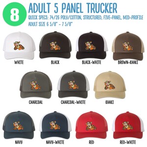 May include: Eight different color variations of a 5-panel trucker hat with a cartoon image of a tiger. The hat is available in white, black, black and white, brown and khaki, charcoal, charcoal and white, khaki, navy, navy and white, red, and red and white.