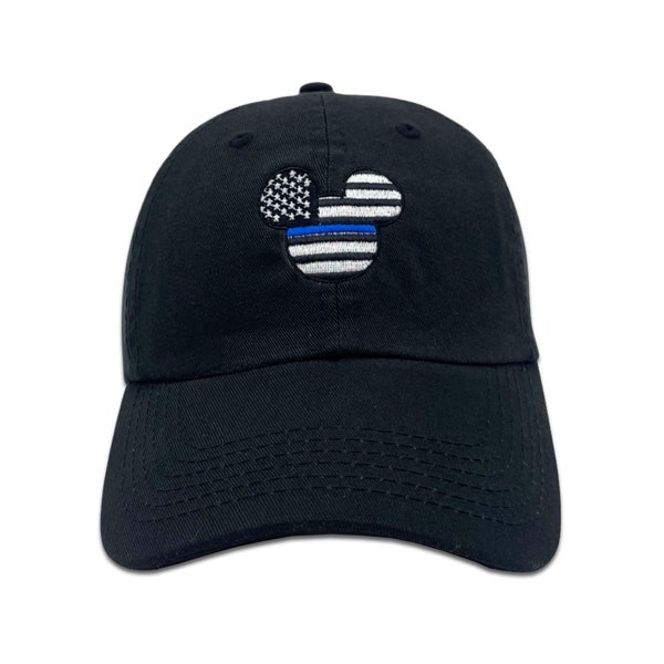 Mickey Thin Blue Line USA Police Embroidered Hat | Unstructured Dad Baseball Cap | Polyneon Thread | Law Enforcement | Security | Sheriff