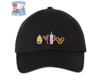 Gorra bordada Disney Snacks / Gorra Disney Dole Whip con helado, vaso de agua grande y pretzel / Gorra de camionero para adultos y jóvenes, gorra de béisbol