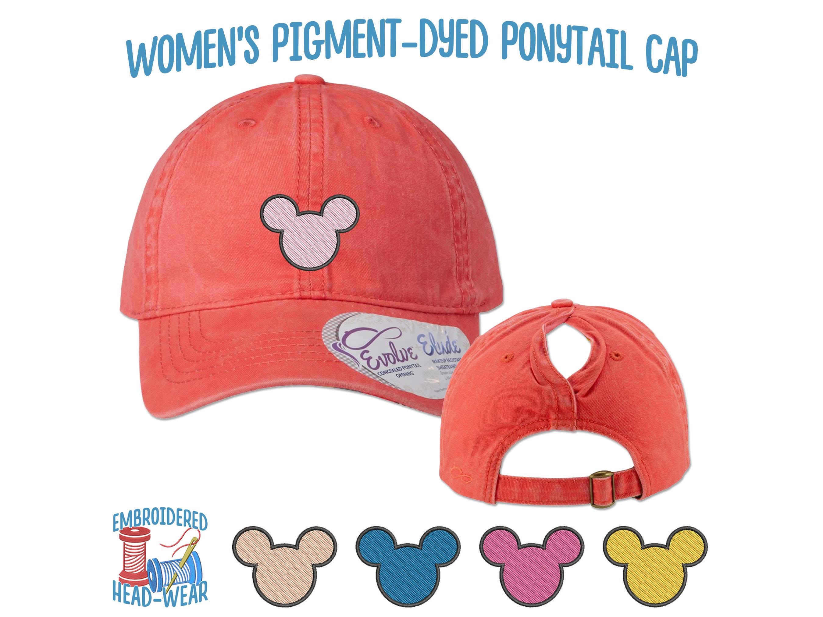 Mickey Mouse Embroidered Ponytail Cap | Women's Adjustable Pigment-Dyed Pony-tail Cap | Mickey Ears Head Stitched Ladies Size Soft Cap