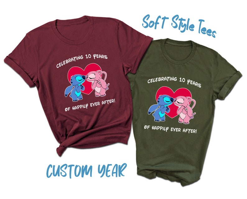 May include: Two maroon and olive green t-shirts with a graphic of two cartoon characters kissing inside a heart. The text on the shirts reads "Celebrating 10 years of happily ever after!"
