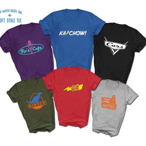 CARS Cartoon Logos T-Shirts | 95 Lightning McQueen | Dinoco | Cozy Cone Motel | Flo's V8 Cafe | Ka-Chow Soft Style Shirts | Printed with Ink