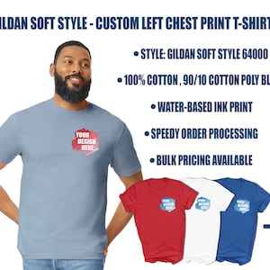 May include: A blue, red and white t-shirt mockup with the text "Your Design Here" on the front. The t-shirts are available in a variety of colours and styles. Gildan Soft Style 64000. 100% cotton, 90/10 cotton poly blend. Water-based ink print. Speedy order processing. Bulk pricing available.