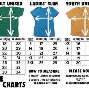 Puede incluir: Tablas de tallas para camisetas unisex para adultos, slim de mujer y j&oacute;venes. Las tablas muestran las medidas de ancho y largo en pulgadas para cada talla, de XS a 4XL. Incluye instrucciones de medici&oacute;n y una nota sobre variaciones.