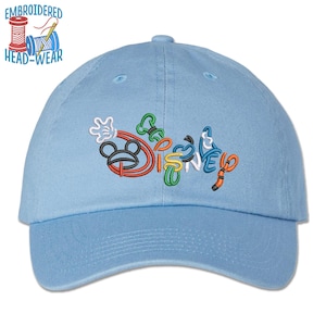 Disney Character Script Embroidered Cap | Adult & Youth Sizes | Mickey Minnie Mouse Donald Daisy Duck Goofy Pluto Tigger Disney Font Dad Cap