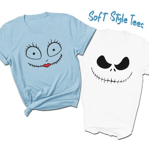 Jack Skellington and Sally Face T-Shirts | Halloween Costumes | Printed on Premium Soft Style Tees | Water Based Ink | All Sizes