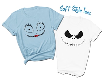 Jack Skellington and Sally Face T-Shirts | Halloween Costumes | Printed on Premium Soft Style Tees | Water Based Ink | All Sizes