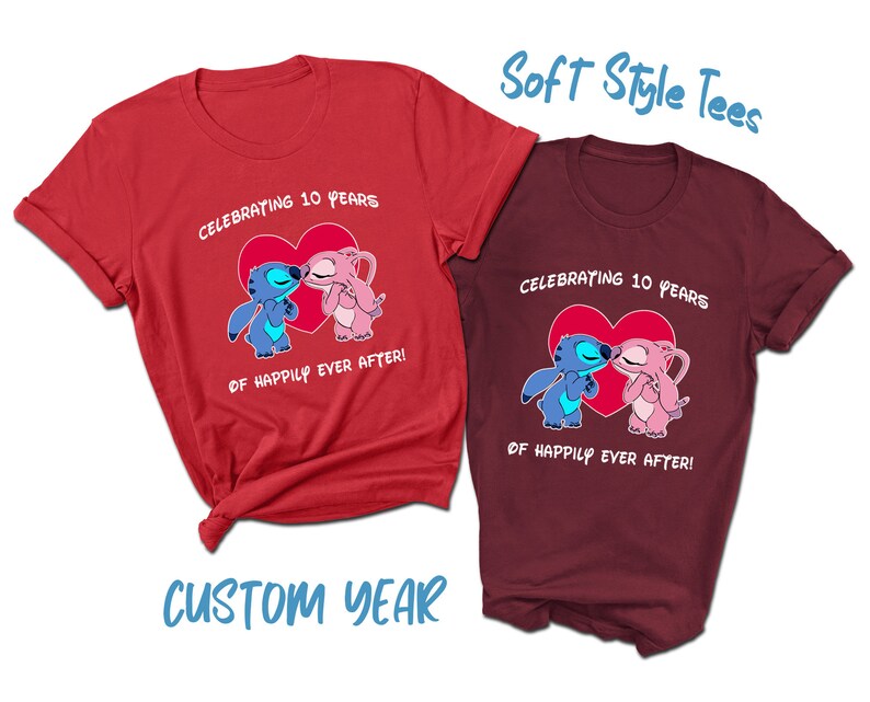 May include: Two red and maroon t-shirts with a graphic of two cartoon characters kissing. The text on the shirts reads "Celebrating 10 Years of Happily Ever After!"