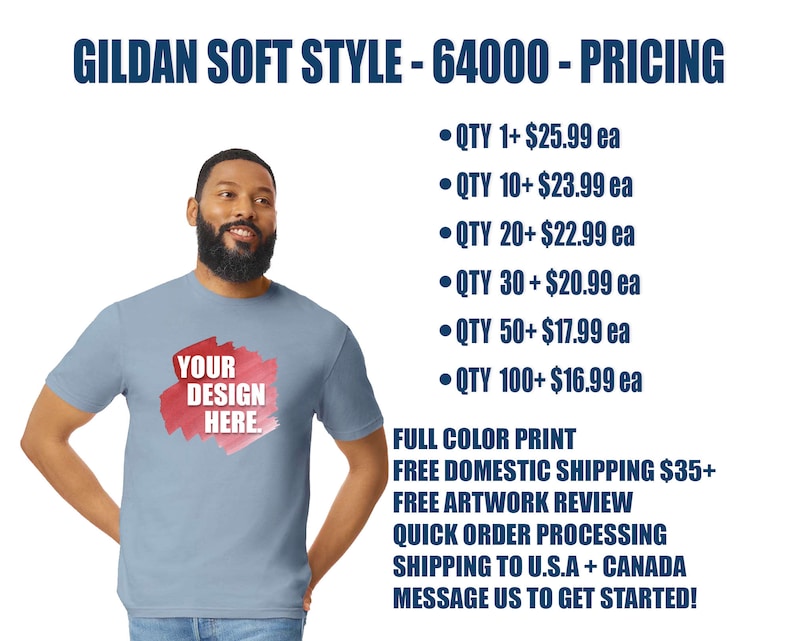 Custom Front Print Gildan Soft Style 64000 Premium T-Shirts | DTG Water-based INK | Adult Unisex Sizes | Text Logo Design | Bulk Pricing Bild 2