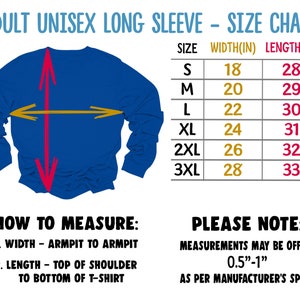 May include: Size chart for a long-sleeved shirt, showing measurements in inches for width and length. Sizes range from S to 3XL.