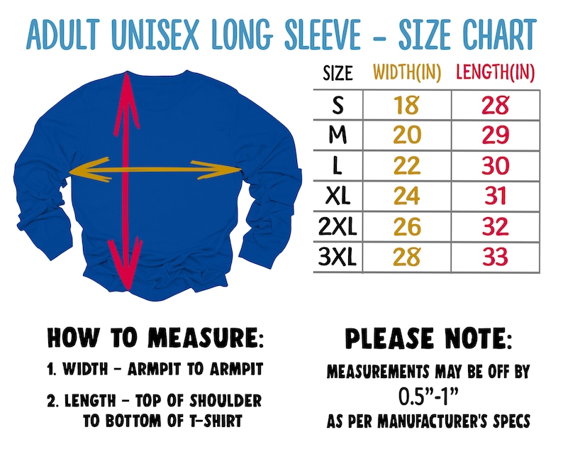 May include: Size chart for a long-sleeved shirt, showing measurements in inches for width and length. Sizes range from S to 3XL.