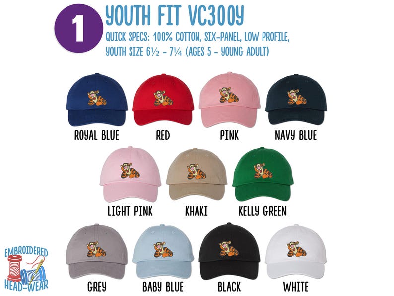May include: A set of ten youth-sized baseball caps in various colors, each featuring an embroidered image of a cartoon tiger. The caps are labeled with their color names: Royal Blue, Red, Pink, Navy Blue, Light Pink, Khaki, Kelly Green, Grey, Baby Blue, Black, and White. The text "YOUTH FIT VC300Y" is displayed at the top of the image. The text "QUICK SPECS: 100% COTTON, SIX-PANEL, LOW PROFILE, YOUTH SIZE 6 1/2 - 7 1/4 (AGES 5 - YOUNG ADULT)" is displayed below the caps.