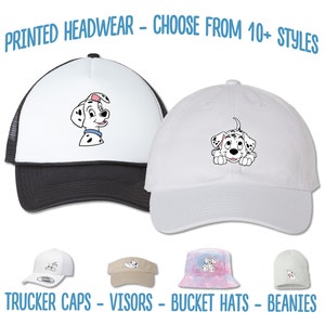 May include: A set of four hats featuring a cartoon Dalmatian dog design. The hats include a black and white trucker cap, a white baseball cap, a pink and blue bucket hat, and a light green beanie. The text "PRINTED HEADWEAR - CHOOSE FROM 10+ STYLES" is at the top of the image. The text "TRUCKER CAPS - VISORS - BUCKET HATS - BEANIES" is at the bottom of the image.