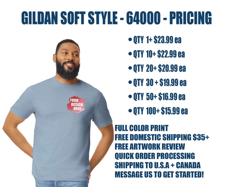 May include: A light blue t-shirt with the text "YOUR DESIGN HERE" in red on the front. The t-shirt is a Gildan Soft Style 64000 and is available in various quantities with discounted pricing. The image also includes information about full colour printing, free domestic shipping, free artwork review, quick order processing, and shipping to the U.S.A. and Canada.